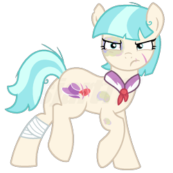 Size: 903x904 | Tagged: safe, artist:sjart117, derpibooru import, coco pommel, earth pony, pony, angry, bandage, black eye, bloodshot eyes, bruised, bully, butt, coco pummel, cut, female, mare, messy mane, plot, rough, scar, scared, scruffy, simple background, solo, thug, thug life, transparent background, watermark