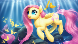 Size: 1024x576 | Tagged: safe, derpibooru import, machine learning assisted, machine learning generated, fluttershy, pegasus, pony, cute, female, mare, open mouth, solo, underwater, water, wet, wet mane