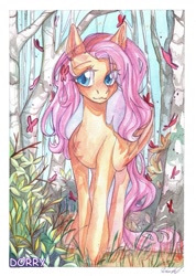 Size: 769x1080 | Tagged: safe, artist:dorry, derpibooru import, fluttershy, butterfly, pegasus, pony, birch tree, forest, grass, looking away, scan, solo, traditional art, tree, watercolor painting