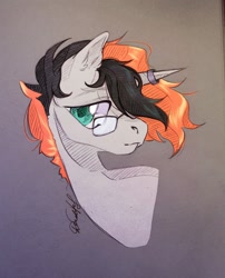 Size: 874x1080 | Tagged: safe, alternate version, artist:dorry, artist:jsunlight, derpibooru import, oc, oc only, pony, unicorn, collaboration, bust, colored, floating head, glasses, horn, horn ring, looking away, photo, portrait, ring, solo, traditional art