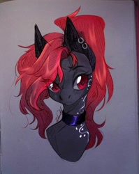 Size: 860x1080 | Tagged: safe, alternate version, artist:dorry, artist:jsunlight, derpibooru import, oc, oc only, pony, collaboration, choker, colored, implied pegasus, photo, ponytail, red eyes, solo, tattoo, traditional art, white tattoo