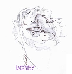 Size: 1052x1080 | Tagged: safe, artist:dorry, derpibooru import, oc, oc only, pony, unicorn, black and white, bust, floating head, glasses, grayscale, horn, horn ring, looking away, monochrome, pencil drawing, portrait, ring, scan, sketch, solo, traditional art