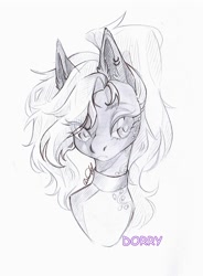 Size: 796x1080 | Tagged: safe, alternate version, artist:dorry, derpibooru import, oc, oc only, pony, black and white, choker, grayscale, implied pegasus, monochrome, pencil drawing, ponytail, scan, sketch, solo, traditional art