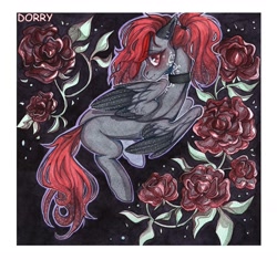 Size: 1280x1204 | Tagged: safe, artist:dorry, derpibooru import, oc, oc only, pegasus, pony, black background, choker, colored, flower, outline, pegasus oc, ponytail, red eyes, rose, scan, simple background, solo, tattoo, traditional art, white frame, white outline, white tattoo