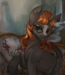 Size: 890x1024 | Tagged: safe, artist:rottengotika, derpibooru import, oc, pony, unicorn, cigarette, commission, horn, sofa, solo, unicorn oc