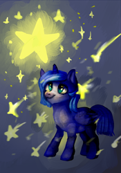 Size: 700x1000 | Tagged: safe, artist:temary03, derpibooru import, princess luna, female, filly, foal, red nosed, smiling, solo, stars, tangible heavenly object, woona, younger