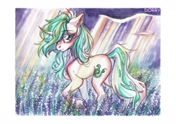 Size: 1280x905 | Tagged: safe, artist:dorry, derpibooru import, oc, oc only, pony, unicorn, curved horn, flower, flower field, horn, looking back, scanned, solo, traditional art, unicorn oc, watercolor painting, white frame