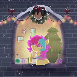 Size: 2048x2045 | Tagged: safe, artist:raindrophalo, derpibooru import, oc, oc only, earth pony, pony, chocolate, christmas, christmas lights, christmas tree, earth pony oc, erlenmeyer flask, female, flask, food, holiday, hot chocolate, snow, snowfall, solo, string lights, test tube, tree