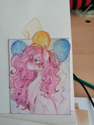 Size: 810x1080 | Tagged: safe, artist:dorry, derpibooru import, pinkie pie, earth pony, pony, balloon, female, photo, solo, traditional art, watercolor painting