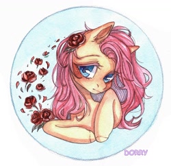Size: 1280x1241 | Tagged: safe, artist:dorry, derpibooru import, fluttershy, pegasus, pony, blue background, bust, circle background, female, flower, flower in hair, looking at you, mare, petals, portrait, rose, simple background, solo, traditional art, watercolor painting, white frame