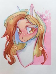 Size: 823x1080 | Tagged: safe, artist:dorry, derpibooru import, pony, bust, flower, flower in hair, looking away, partial background, photo, portrait, simple background, traditional art, watercolor painting, white background