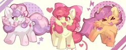 Size: 3786x1519 | Tagged: safe, artist:lumivillle, derpibooru import, apple bloom, scootaloo, sweetie belle, earth pony, pegasus, pony, unicorn, >.<, ><, adorabloom, apple bloom's bow, bow, cute, cutealoo, cutie mark crusaders, diasweetes, eyes closed, hair bow, open mouth