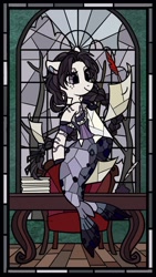 Size: 1151x2048 | Tagged: safe, artist:raindrophalo, derpibooru import, oc, oc only, merpony, pony, commission, female, quill, solo, stained glass window, writing