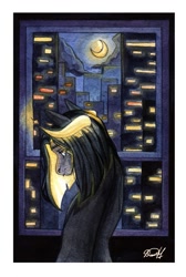 Size: 725x1080 | Tagged: safe, artist:dorry, derpibooru import, oc, oc only, pony, city, looking back, looking out the window, moon, moonlight, night, signature, solo, traditional art, watercolor painting, white frame, window