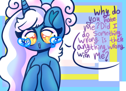 Size: 1024x742 | Tagged: safe, artist:iloveehlm, derpibooru import, oc, oc only, oc:fleurbelle, alicorn, alicorn oc, bow, crying, female, hair bow, heart, heart eyes, horn, mare, multicoloured background, solo, speech bubble, teary eyes, wingding eyes, wings