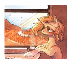 Size: 1280x1150 | Tagged: safe, artist:dorry, derpibooru import, oc, oc only, pony, unicorn, food, horn, looking out the window, monochrome, solo, tea, traditional art, train, unicorn oc, watercolor painting