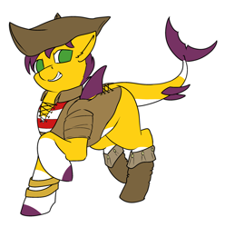 Size: 2330x2347 | Tagged: safe, artist:dirtpecker, derpibooru import, oc, oc only, oc:yellow jack, original species, shark, shark pony, tricorn, horn, multiple horns, pirate, simple background, smug, solo, transparent background