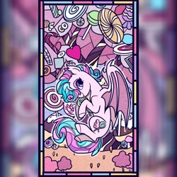 Size: 2048x2048 | Tagged: safe, artist:raindrophalo, derpibooru import, oc, oc only, bat pony, pony, bat pony oc, candy, commission, food, solo, stained glass window