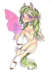 Size: 766x1080 | Tagged: safe, artist:dorry, derpibooru import, oc, oc only, pegasus, pony, bow, coat markings, hair bow, looking at you, pegasus oc, scanned, simple background, solo, traditional art, watercolor painting, white background