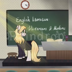 Size: 2048x2048 | Tagged: safe, artist:raindrophalo, derpibooru import, oc, oc only, earth pony, pony, book, chalkboard, clock, clothes, commission, crepuscular rays, earth pony oc, female, solo, teacher