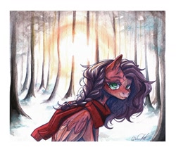 Size: 1280x1107 | Tagged: safe, artist:dorry, derpibooru import, oc, oc only, pegasus, pony, braid, clothes, forest, looking at you, pegasus oc, scanned, scarf, solo, sunrise, traditional art, watercolor painting, white frame, winter