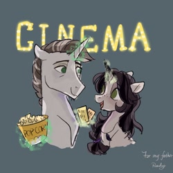 Size: 2048x2048 | Tagged: safe, derpibooru import, oc, oc only, oc:raindrop halo, pony, unicorn, duo, father and child, father and daughter, female, food, horn, male, movie theatre, parent and child, popcorn, unicorn oc