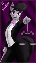 Size: 1100x1900 | Tagged: safe, artist:sixes&sevens, derpibooru import, octavia melody, earth pony, bowtie, clothes, curtains, ear piercing, earring, female, jewelry, justice, lipstick, looking at you, major arcana, piercing, scales, solo, suit, sword, tarot card, weapon