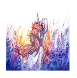 Size: 1061x1080 | Tagged: safe, artist:dorry, derpibooru import, oc, oc only, pony, unicorn, flower, flower field, horn, scan, scanned, solo, traditional art, unicorn oc, watercolor painting, white frame
