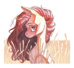 Size: 1280x1190 | Tagged: safe, artist:dorry, derpibooru import, oc, oc only, pony, unicorn, food, horn, looking at you, partial background, scanned, simple background, solo, traditional art, unicorn oc, watercolor painting, wheat, wheat field, white frame