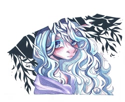 Size: 1280x1047 | Tagged: safe, artist:dorry, derpibooru import, oc, oc only, pony, colored eyelashes, leaves, looking away, partial background, scanned, simple background, solo, traditional art, watercolor painting, white background