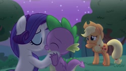 Size: 1333x750 | Tagged: safe, artist:georgegarza01, derpibooru import, screencap, applejack, rarity, spike, dragon, earth pony, pony, unicorn, boop, cute, eyes closed, fan animation, female, giggling, holding hands, hooves on cheeks, male, night, noseboop, shipper on deck, shipperjack, shipping, show accurate, smiling, sparity, straight, youtube link