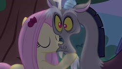 Size: 1333x750 | Tagged: safe, artist:georgegarza01, derpibooru import, screencap, discord, fluttershy, pegasus, pony, cute, discoshy, duo, fan animation, female, flower, flower in hair, hooves on face, kiss on the cheek, kissing, male, night, rose, shipping, show accurate, straight, youtube link