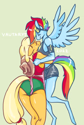 Size: 2048x3024 | Tagged: safe, artist:vautaryt, derpibooru import, applejack, rainbow dash, anthro, earth pony, pegasus, unguligrade anthro, appledash, applejack's hat, clothes, cowboy hat, female, goggles, hat, hug, lesbian, midriff, shipping, shorts, wings