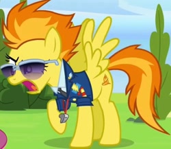 Size: 1808x1569 | Tagged: safe, derpibooru import, screencap, spitfire, pegasus, pony, the washouts (episode), angry, clothes, cropped, female, mare, necktie, solo, spitfire's whistle, suit, sunglasses, uniform, whistle, whistle necklace, wonderbolts dress uniform