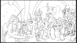 Size: 654x368 | Tagged: safe, artist:brainiac, derpibooru import, pinkie pie, princess cadance, princess celestia, princess luna, queen chrysalis, spike, tree hugger, twilight sparkle, oc, oc:alumx, oc:whiskey lullaby, brainiacs sketchbook (set), hookah, solo