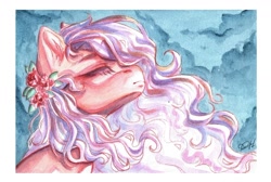 Size: 1280x859 | Tagged: safe, artist:dorry, derpibooru import, oc, oc only, pony, bust, cloud, eyes closed, flower, flower in hair, portrait, sky background, solo, traditional art, watercolor painting, wavy mane