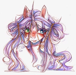 Size: 1280x1269 | Tagged: safe, artist:dorry, derpibooru import, oc, oc only, pony, unicorn, bust, coat markings, curved horn, gold, heterochromia, horn, looking away, portrait, scan, scanned, simple background, traditional art, watercolor painting, white background