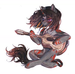 Size: 1280x1265 | Tagged: safe, artist:dorry, derpibooru import, oc, oc only, pony, unicorn, coat markings, curved horn, guitar, heterochromia, horn, leonine tail, musical instrument, not zebra, scan, scanned, simple background, solo, stripes, tail, traditional art, unicorn oc, watercolor painting, white background