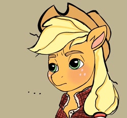 Size: 1193x1110 | Tagged: safe, artist:bearpone, derpibooru import, applejack, earth pony, pony, ..., brown background, clothes, female, simple background, solo