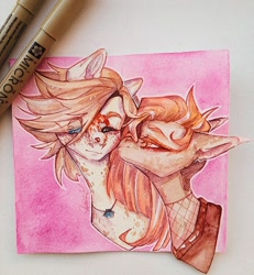 Size: 996x1080 | Tagged: safe, artist:dorry, derpibooru import, oc, oc only, gecko, lizard, pony, animal on nose, clothes, duo, jewelry, kiss on the cheek, kissing, one eye closed, pen, pendant, photo, pink background, simple background, traditional art, watercolor painting