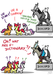 Size: 2894x4093 | Tagged: safe, artist:julunis14, derpibooru import, apple bloom, discord, scootaloo, sweetie belle, draconequus, earth pony, pegasus, pony, unicorn, series:my little honses, the return of harmony, 2 panel comic, :v, argument, chest fluff, comic, cutie mark crusaders, dialogue, dictionary belle, digital art, female, filly, foal, high res, male, misspelling, open mouth, parody, petrification, question mark, scene interpretation, scootachicken, signature, silly, simple background, statue, white background