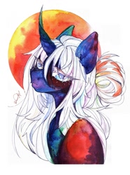 Size: 805x1080 | Tagged: safe, artist:dorry, derpibooru import, oc, oc only, pony, unicorn, bust, circle background, colored eyelashes, curved horn, horn, looking at you, partial background, portrait, simple background, solo, traditional art, unicorn oc, watercolor painting, white background