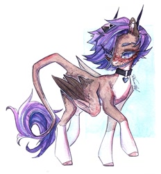 Size: 1004x1080 | Tagged: safe, artist:dorry, derpibooru import, oc, oc only, pegasus, pony, blushing, choker, coat markings, colored eyelashes, freckles, horns, leonine tail, looking down, pegasus oc, scanned, simple background, solo, tail, traditional art, watercolor painting, white background
