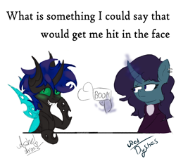 Size: 1280x1173 | Tagged: safe, artist:ashel_aras, artist:reddyshes, derpibooru import, oc, oc only, oc:beatrice mills, changeling, pony, unicorn, collaboration, changeling oc, clothes, duo, embarrassed, eyeliner, gun, makeup, meme, piercing, simple background, text, weapon, white background