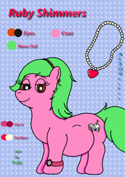 Size: 1644x2327 | Tagged: safe, artist:puffydearlysmith, derpibooru import, oc, oc:ruby shimmers, earth pony, pony, belly, big belly, ear piercing, earring, female, jewelry, looking at you, mare, necklace, piercing, pregnant, reference sheet, smiling