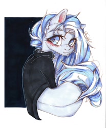 Size: 894x1080 | Tagged: safe, artist:dorry, derpibooru import, oc, oc only, earth pony, pony, abstract background, choker, clothes, earth pony oc, jacket, leather, leather jacket, looking away, looking back, marker drawing, partial background, rear view, scanned, simple background, solo, spiked choker, traditional art, white background