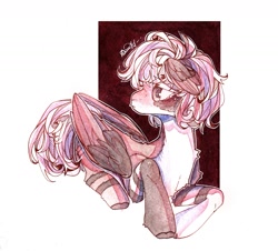 Size: 1280x1157 | Tagged: safe, artist:dorry, derpibooru import, oc, oc only, original species, pegasus, pony, abstract background, clothes, head wings, looking away, partial background, pegasus oc, short hair, simple background, socks, solo, striped socks, stripes, traditional art, watercolor painting, white background, wings