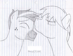 Size: 3116x2372 | Tagged: safe, artist:xyclone, derpibooru import, oc, oc only, oc:blank slate, oc:velocity, blushing, gay, kissing, male, stallion, traditional art