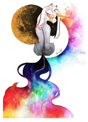 Size: 784x1080 | Tagged: safe, artist:dorry, derpibooru import, oc, oc only, pony, unicorn, golden eyes, horn, moon, rear view, simple background, solo, traditional art, unicorn oc, watercolor painting, white background