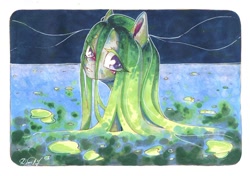 Size: 1280x903 | Tagged: safe, artist:dorry, derpibooru import, oc, oc only, pony, blushing, green hair, lilypad, looking at you, looking back, scanned, solo, traditional art, water, watercolor painting, white frame